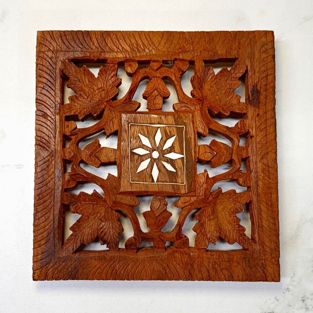 Carved Wood Trivet With Feet From India Brown Square Floral Design 5-1/2 in